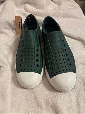 Native Jefferson Slip-On Sneakers in Dark Green and White